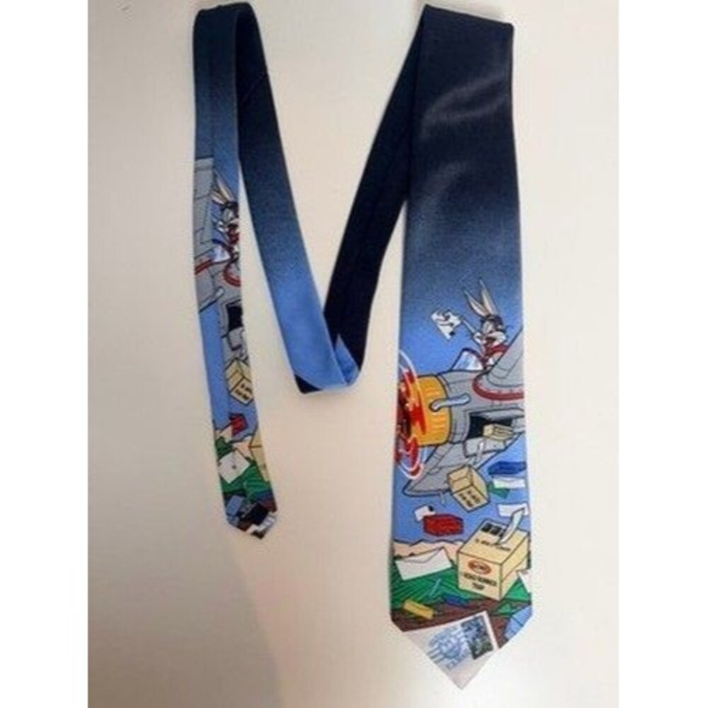 Vintage 90s Looney Tunes Stamp Collection Necktie Bugs Bunny Air Mail Mens Tie